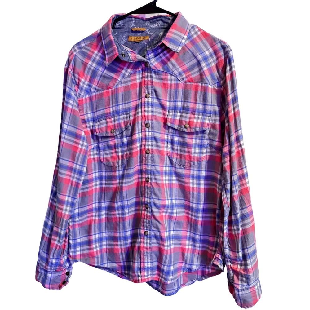 BEA JACOB’S GIRLFRIEND WOMEN’S SZ M PINK/GRAY WESTERN FLANNEL WITH PEARL SNAPS